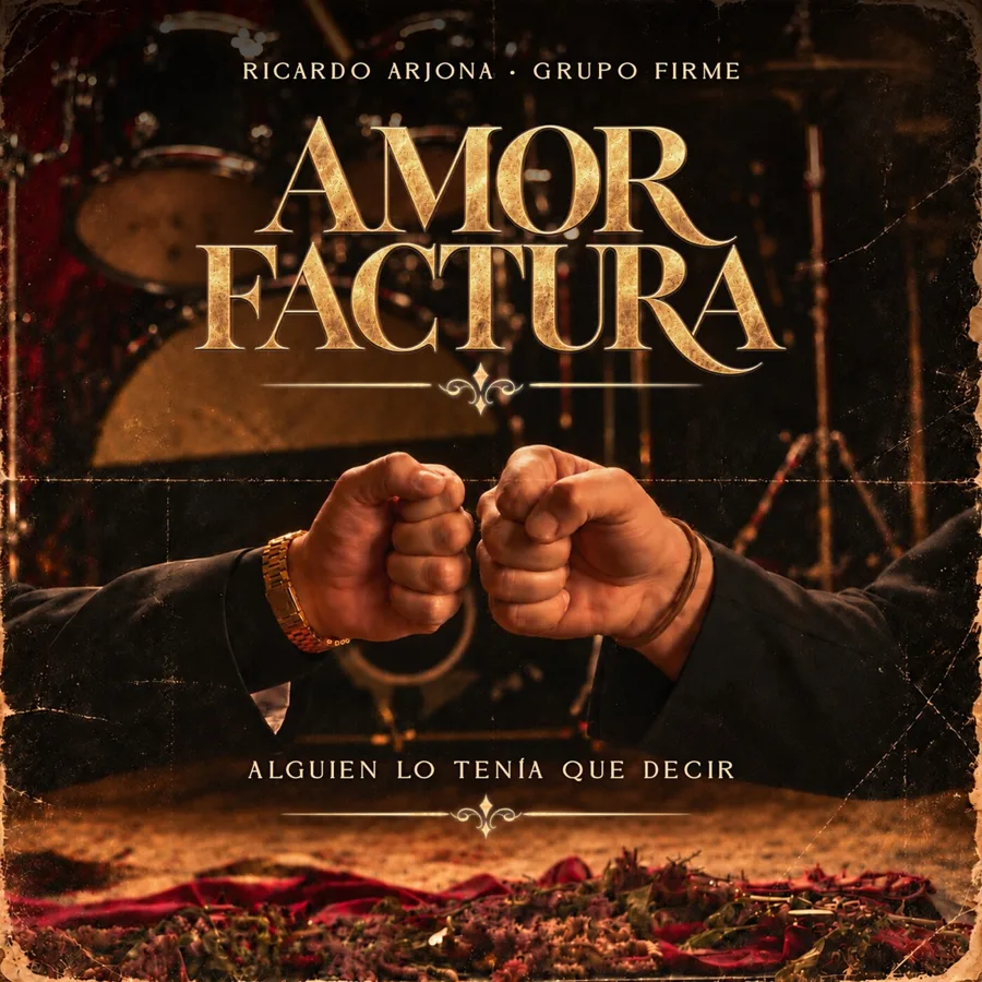 Portada oficial del sencillo Amor Factura, de Ricardo Arjona y Grupo Firme