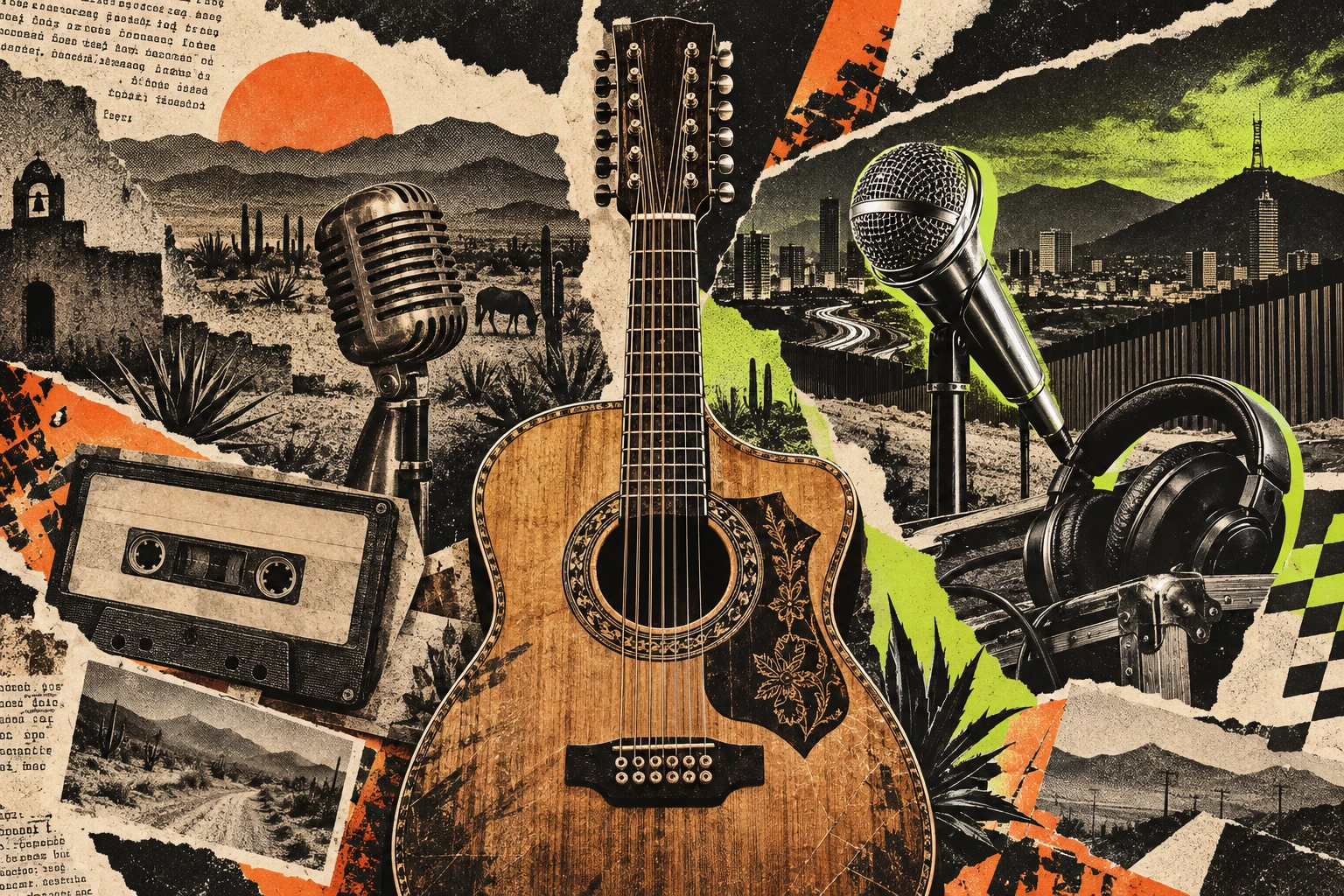 Collage editorial de guitarra de doce cuerdas, casete y micrófonos entre paisaje rural y urbano